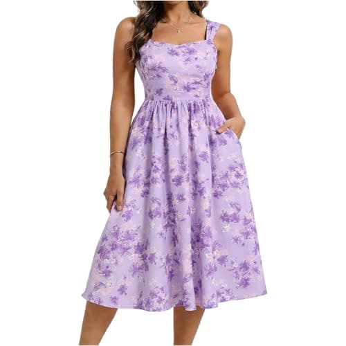 Image of Belle Poque Women Floral Print Midi Dress Square Neck Sleeveless A Line Casual Summer Sundress with Pockets Purple Floral S