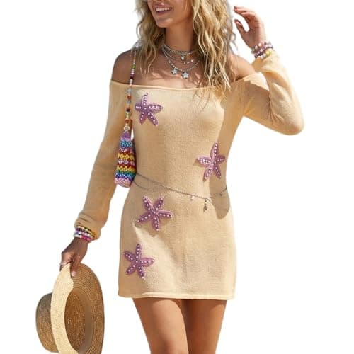 Image of Edhomenn Womens Beach Knit Coverups Summer Long Sleeve Off The Shouler Bodycon Mini Dress Y2k Crochet Sheer Short Dress Cute Vacation Clothes (01 Yellow, M)