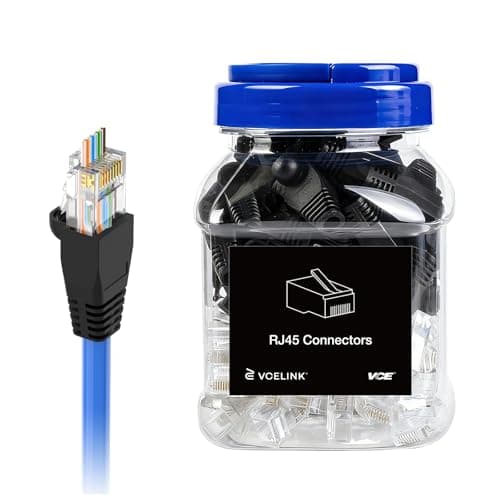 Image of VCE 50-Pack Cat6 RJ45 Pass Through Connector with Strain Relief Boots (Black), UL Listed Cat 6/Cat 5e Unshielded RJ45 Ends Gold Plated for Solid or Stranded UTP Network Cable Support PoE