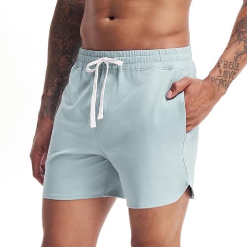 Image of Amy Coulee Mens Gym Shorts 5 Inch Cotton Running Casual Sports Shorts with Pockets (Stone Blue, L)