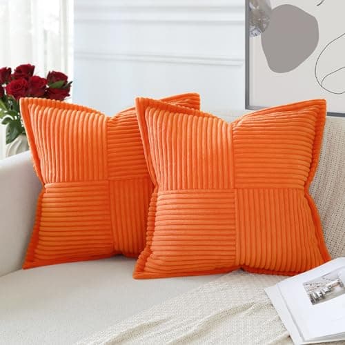 Image of Artscope Corduroy Cushion Covers Pack of 2 Modern Patchwork Throw Pillow Covers Soft Pillowcase Broadside Decorative Textured Cushions for Home decor Sofa Bedroom Couch Orange 40x40cm