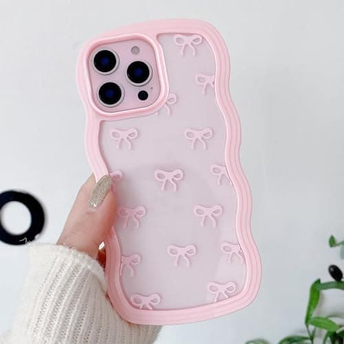 Image of QLTYPRI Bow Case for iPhone 12 Pro Max, Clear Cute Ribbon Bow Phone Case Curly Wavy Aesthetic Phone Case, Slim Soft Transparent Shockproof Protective Cover for Women Girls - Pink