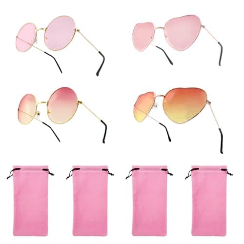 Image of 4 Pairs Small Size Colored Retro Round Sunglasses, Fancy Hippy Heart Shaped Glasses, Metal Circle Frames Pink Sunglasses with Storage Bags, Funky Rose Gold Frame Gradient Glasses for Festival Party