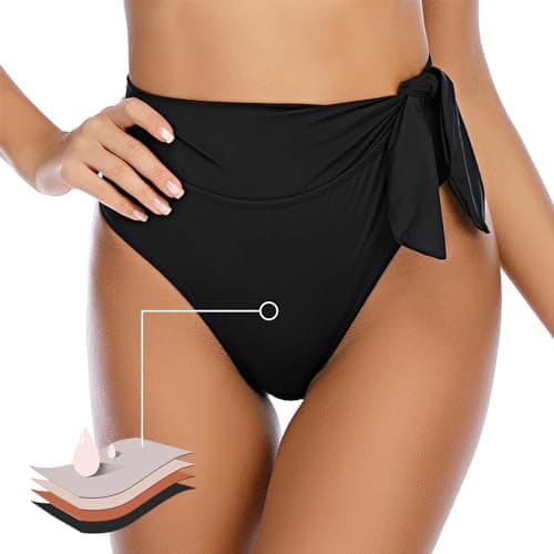Image of JFAN Women's High Waisted Bikini Bottoms Ruched Tummy Control Swimsuits Adjustable Low-Rise Swim Shorts，Black，M