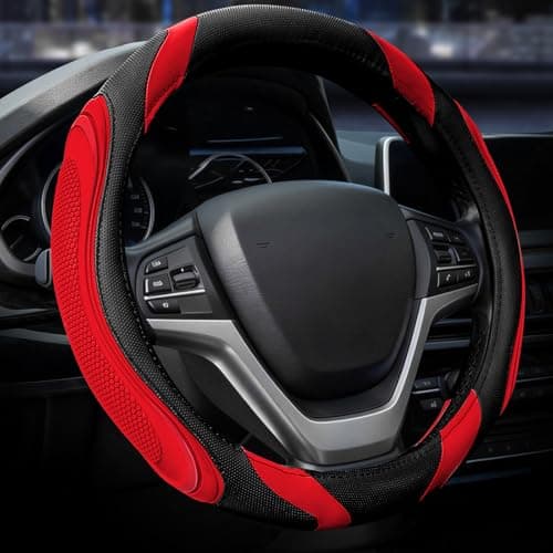 Image of Car Steering Wheel Cover - Sportage Leather Steering Wheel Cover Universal Size M 37-38cm /14.5-15inch, Anti-slip, Breathable, Red