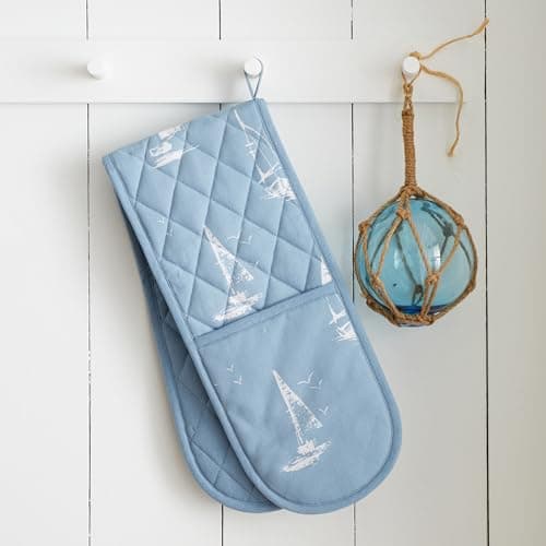 Image of Catherine Lansfield Salcombe Boats Cotton Kitchen Double Oven Glove Blue