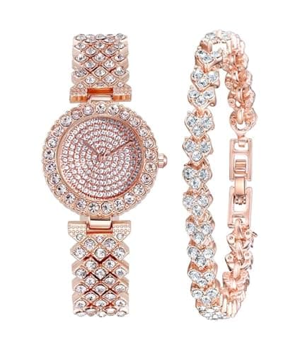 Image of 422 Store Luxury Women's Crystal Quartz Watch Set, Silver Roman Numeral Dial, Rhinestone Bracelet Watch with Matching Tennis Bracelet, Fashion Dress Wristwatch (Rose Gold 1)