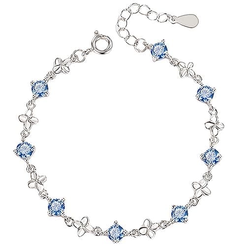 Image of QGSIWEI 925 Silver Plated Bracelet for Women, Lucky Four Leaf Clover Zircon Charm Bracelet, Adjustable Chain Jewellery Gift for Her (Blue Diamond)