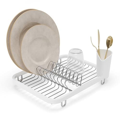 Image of Umbra Sinkin Dish Drying Rack – Drainer Caddy with Removable Cutlery Holder – Use In Sink or On Counter, Standard, White/Nickel