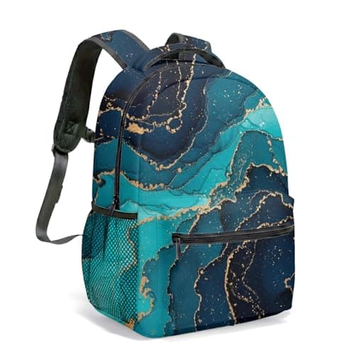 Image of Teal Turquoise Fluid Swirl 16 Inch Backpack Abstract Gold Marble All-Over Print Mineral Liquid Art Commuter Travel Bag (04)