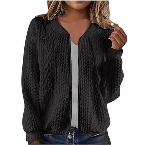 Image of Generisch Winter Jacket Women's Trench Coat Casual Jacket with Zipper Jacquard Long Sleeve Casual Short, black, S