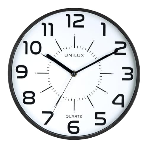 Image of Unilux Pop Wall Clock, 30.5 cm Quartz Clock with Silent Ticking, Dual Display, High-Visibility Dial, Glass Front, Black – Office, School & Home