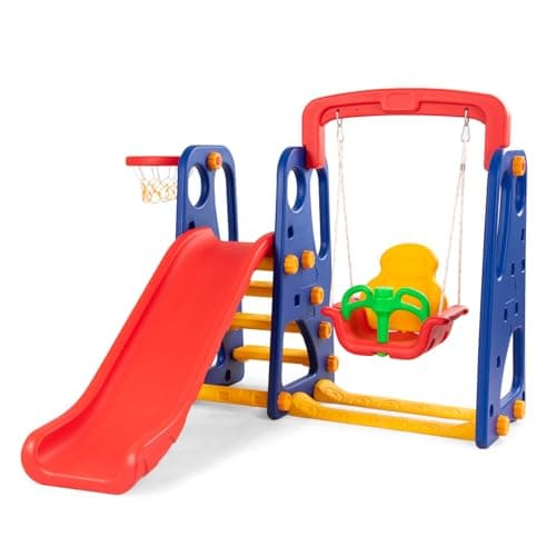 Image of COSTWAY 4-in-1 Toddler Climber and Swing Set with Removable Basketball Hoop, Long Slide, Easy Climb Ladder, Children Play Area for Outdoor and Indoor (Red+Blue)