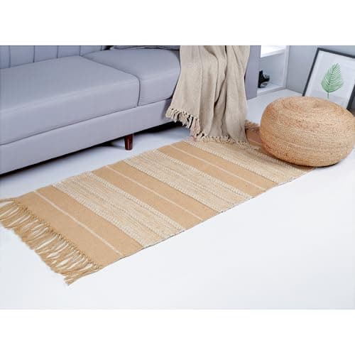 Image of ETHNICITI Cotton Jute Slub Weave Shoddy Braided Beige Natural Eco-friendly Reversible Flat Kilim Dhurrie Area Rug Mat Hallway Bedroom Lounge Living Dining Utility Room Pet Yoga- 70 x 140cm (2'4"x4'7")