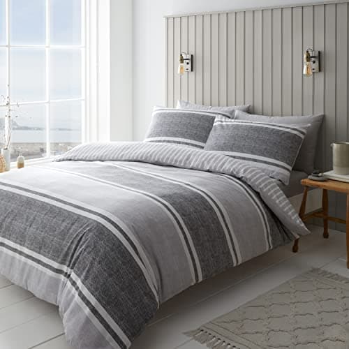 Image of Catherine Lansfield Bedding Textured Banded Stripe King Duvet Cover Set with Pillowcases Charcoal Grey