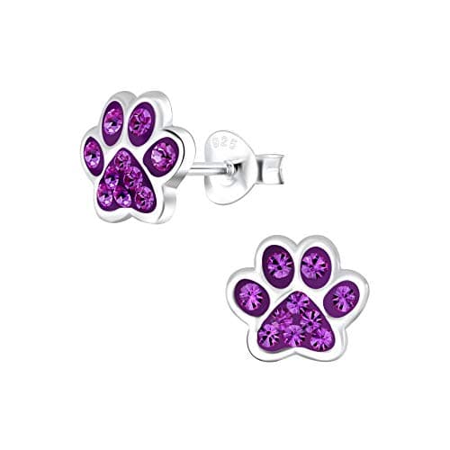 Image of Sterling Silver Purple Paw Print Stud Earrings - Amethyst Crystal Pet Jewellery for Women, Girls & Animal Lovers, Hypoallergenic Earrings