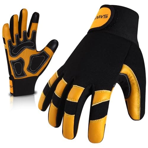 Image of SAWANS Leather Gardening Working Gloves Garden Thorn Proof Breathable Construction Flexible Mechanic for Work Mens Women Utility Safety Gloves Rigger Driving Electrician Multipurpose (Yellow, XL)