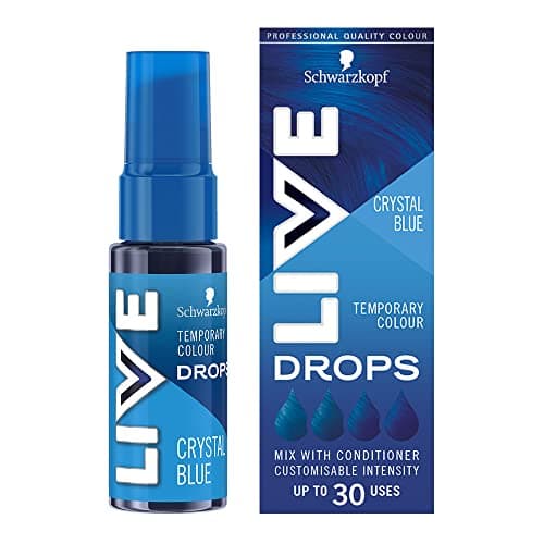 Image of Schwarzkopf LIVE Colour Drops Crystal Blue Semi-Permanent Hair Dye, 30ml, Colour that Lasts 2-12 Washes, Blue Hair Dye Drops