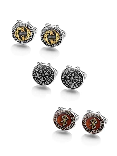 Image of PiercingJak 3 Pairs Mens Viking Cufflinks Metal Nordic Viking Wolves Compass Warrior Amulet Cufflinks Norse Scandinavian Vikings Jewelry Groom Wedding Father's Day Gifts