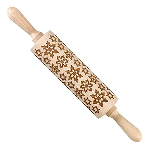 Image of Tala Originals Beechwood Large Revolving Rolling Pin with Engraved Snowflake Patterned Design, 38cm x 6cm, Natural, 10B31456