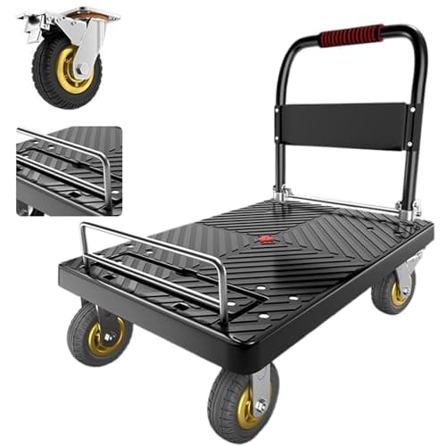 Image of Folding Hand Truck Dolly Cart with Wheels - Platform Truck 825lbs Capacity, Locking Swivel Casters & Foldable Fence for Moving, Industrial Use(35.4"x23.6"x36.2")