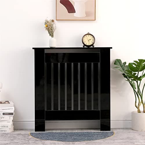 Image of Homemade Deisgn FurnitureHMD High Gloss Black Radiator Cover Vertical Slatted Decorative Cabinet for Bedroom,Living Room,Hallway,Kitchen