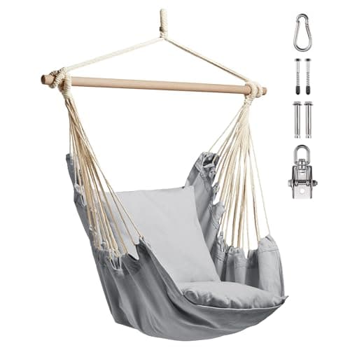 Image of VonHaus Hanging Chair Outdoor with Attachments – Grey Garden Swing Seat & Hammock Chair, 1 Seater Rope Neutral Boho Style Portable Garden Seat for Garden, Patio, Terrace & Decking