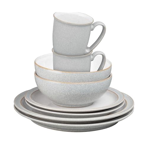 Image of Denby - Elements 8 Piece Dinner Set For 2 - Light Grey, Dishwasher, Microwave Safe, Oven Proof Plate & Bowl Set - 4 x Lunch Plates, Dinner Plates, Cereal Bowls & Coffee Mugs - Chip Resistant Tableware