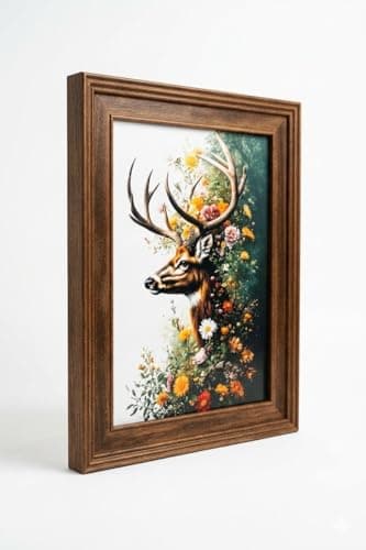 Image of Majestic Stag with Floral Antlers Framed Wall Art, Woodland Deer Portrait Print, Wooden Frame, Botanical Forest Theme, 37 x 28 cm
