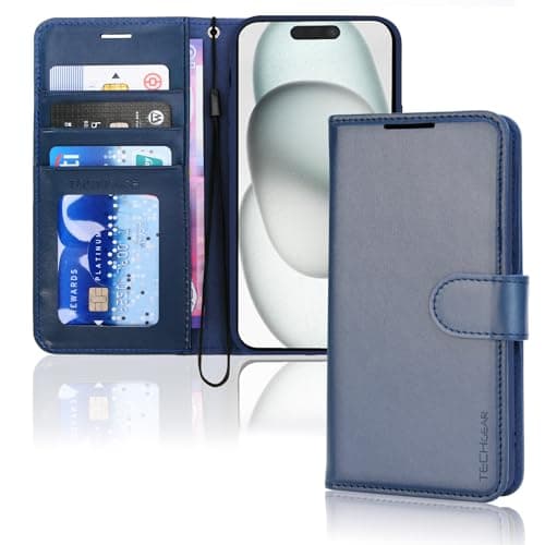Image of TECHGEAR iPhone 15 Leather Wallet Case, Flip Protective Case Cover with Wallet Card Holder, Stand and Wrist Strap - Blue PU Leather with Magnetic Closure for iPhone 15 6.1"