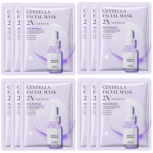 Image of JORUN 12 Pcs Centella Asiatica Hydrating Sheet Face Mask Set - Korean Sheet Masks Moisturizing,Anti-Aging, Brightening, Soothing Face Masks Beauty Skincare - Vegan for All Skin Types