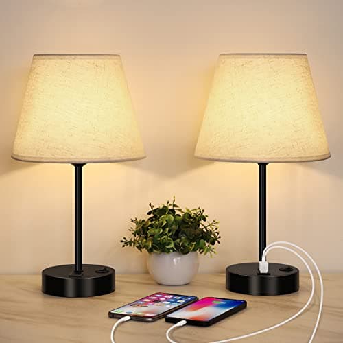Image of LIANTRAL Modern Bedside Lamps Set of 2, Small Desk Lamp with USB Charging Ports, Linen Fabric Shades & Metal Frame, Table Lamp for Bedroom, Living Room, Office - Creamy/Black