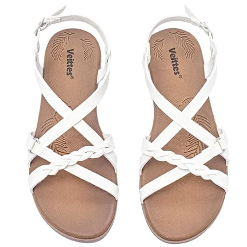 Image of Veittes Women's Casual Flat Slide Sandals,Fashion Braided Cross Strap,Adjustable Ankle Straps, Open Toe Summer Sandals.(2207023,WT/MF,6 UK)