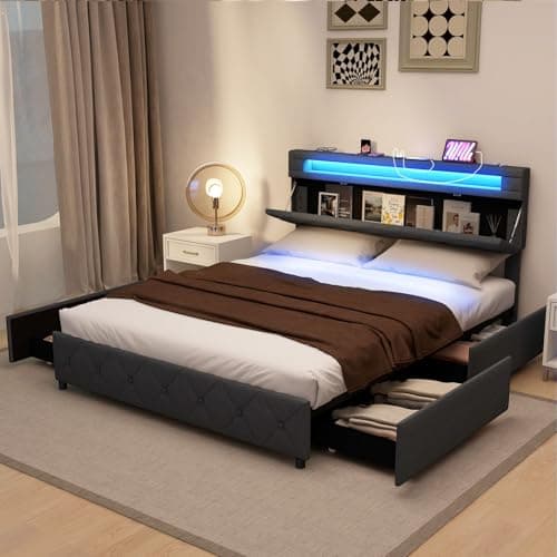 Image of RELAX4LIFE King Size Bed Frame, 5FT Upholstered Platform Bed Base with LED Lights, 2 Charging Ports, 4 Storage Drawers & Adjustable Headboard, Wooden Slat Support Mattress Foundation