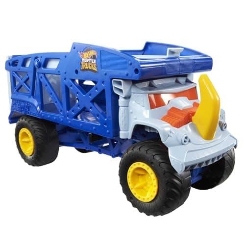 Image of Hot Wheels Monster Trucks Toy Hauler, Oversized Truck Carries & Stores 12 1:64 Scale Monster Trucks or 32 Cars, Monster Mover Rhino, HFB13