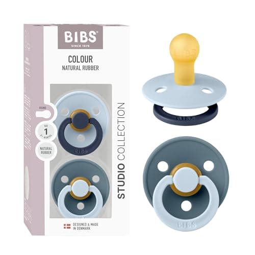 Image of BIBS Colour Studio Soother 2-Pack, BPA Free Dummy Pacifier, Round Nipple. Natural Rubber Latex, Made in Denmark, Size 1 (0-6 Months) - Baby Blue/Petrol
