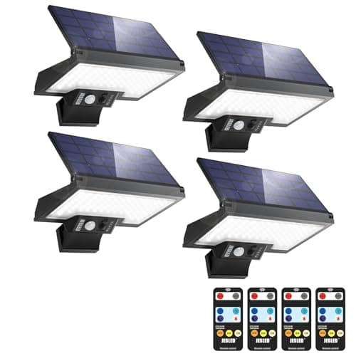 Image of JESLED Solar Security Lights Outdoor Motion Sensor, 108LEDs 3 Color Temperatures 4 Modes Solar Lights Outdoor, Type-C Charging Solar Powered Durable Wall Lights for Patio Yard Pathway Garage, 4Pack