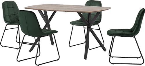 Image of Seconique Athens Dining Table Set with 4 Lukas Dining Chairs in Medium Oak Effect/Emerald Green Velvet