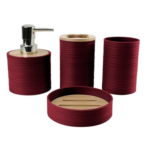 Image of Hosoncovy 4 Pcs Bathroom Container Set Bathroom Accessory Set with Soap Dispenser, Bathroom Cup, Soap Dish ,Toothbrush and Toothpaste Holder (Wine Red)