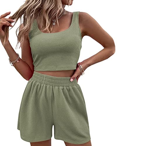 Image of Geagodelia Women's Two Piece Outfit Summer Ladies Sexy Co Ord Set Crop Tank Top + Shorts Y2k Aesthetic Clothes Streetwear Sport Gym Sets (A - Green, S)
