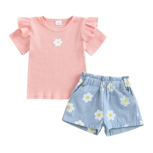 Image of XIXIMAON Toddler Baby Girl Summer Outfits Ruffle Short Sleeve Floral Print Ribbed Shirts Denim Shorts Set for Little Girls Kid Flower Pattern Clothes (Pink, 12-18 Months)