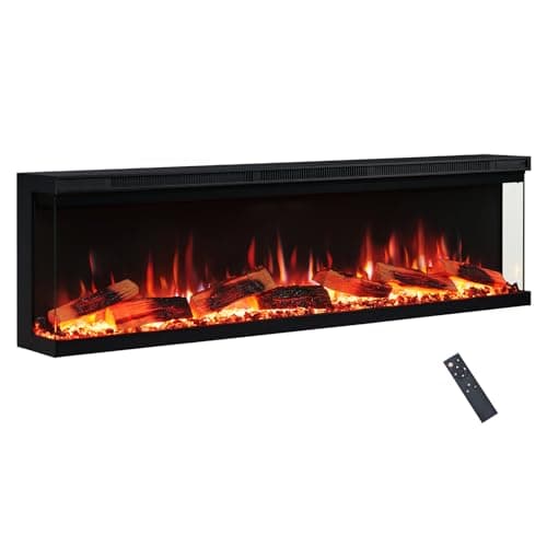 Image of FlameKo Leura with Premium Logs 152cm/60" 3 Sided view Electric Fireplace Wall Mounted or Recessed 9 Colour Flame Effect TV Compatible Media Wall Fire Heater 900W/1800W, Remote Control