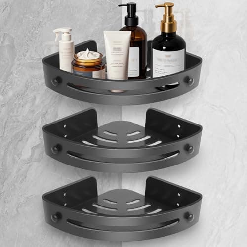 Image of Suimlmta Corner Shower Caddy, No Drill Shower Shelf Organiser Black Plastic Bathroom Triangle Shelves Wall Mounted Showers Basket Rack, 3 Tiers