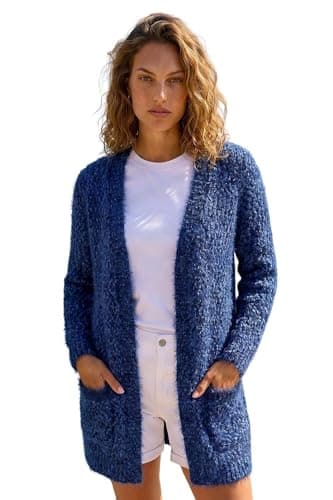 Image of Roman Women Fluffy Cardigan Ladies Winter Cardi Longline Edge to Edge Ombre Coatigan Casual Sparkly Glittery Jacket Knitwear Knitted Autumn Fleecy Cosy Soft Coats - Cobalt - Size 20