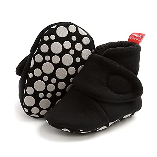 Image of TMEOG Baby Booties Slippers Infant Boots Newborn First Walking Shoes Baby Winter Sock Crib Shoes for Boys Girls 0-6 Months (Black)