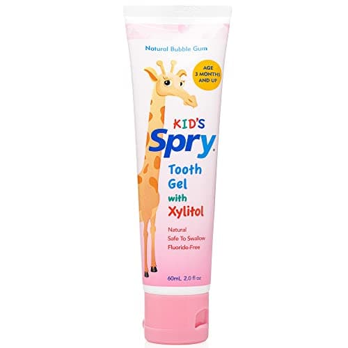 Image of Spry Natural Xylitol Toothpaste for Baby, Toddler and Kids Age 3 Months and Up - Fluoride Free Tooth Gel, Tasty, Support Development of Emerging Teeth, Bubble Gum 2 Fl Oz (Pack of 1)