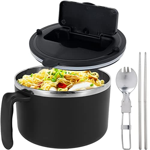 Image of 1200ml Rapid Ramen Bowl with Filterable Lid, Stainless Steel Noodle Bowl with Spoon Chopsticks BPA Free Ramen Cooker Bowls with Handle Dishwasher Safe Noodles Cooker for College Dorm Home Office