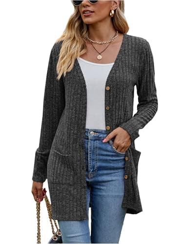 Image of Famulily Long Cardigan for Women UK, Solid Color Rib Knitted Lightweight Outerwear Sweater with Pockets (XL, Dark Grey)