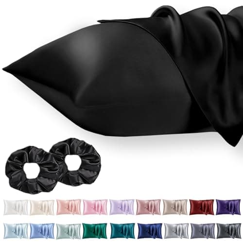 Image of Vielit 2 Pack Satin Pillowcase for Hair and Skin Cooling,Soft as Silk Pillowcase for Hair and Skin,Easier Care than Silk Pillow Case Black 50x75cm Gifts for Women Envelope & 2 Scrunchies