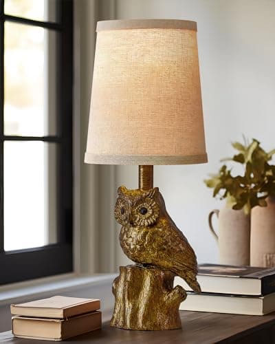 Image of G-SAFAVA 14.25" Small Table Lamp for Living Room Farmhouse Bedside Resin Single Lamp with Gold Owl Lamp Shape for Bedroom Retro Rustic Nightstand Lamp